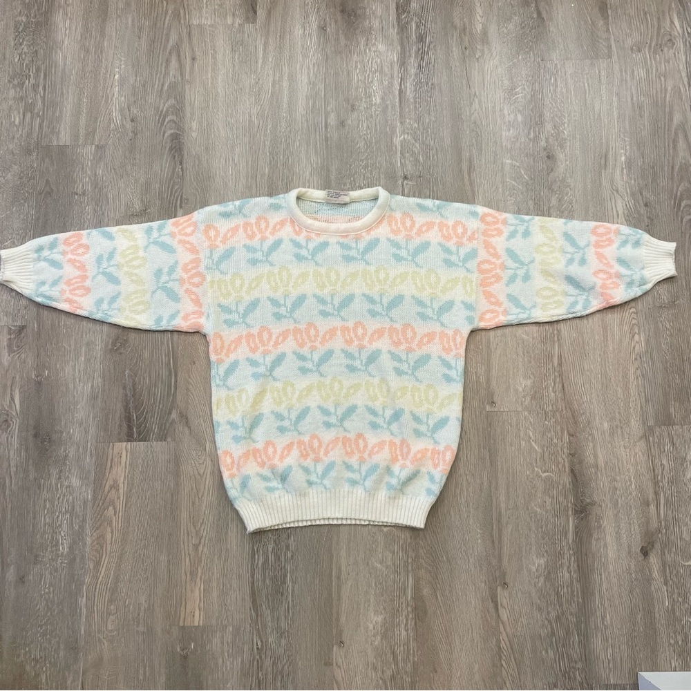 VINTAGE 1980s Justin Allen Spring Cottagecore Pastel Sweater - Size M - Picture 3 of 13